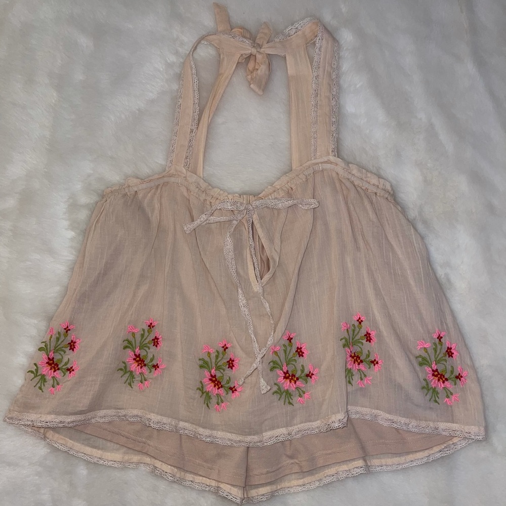 Freepeople tan tie tank top with floral details